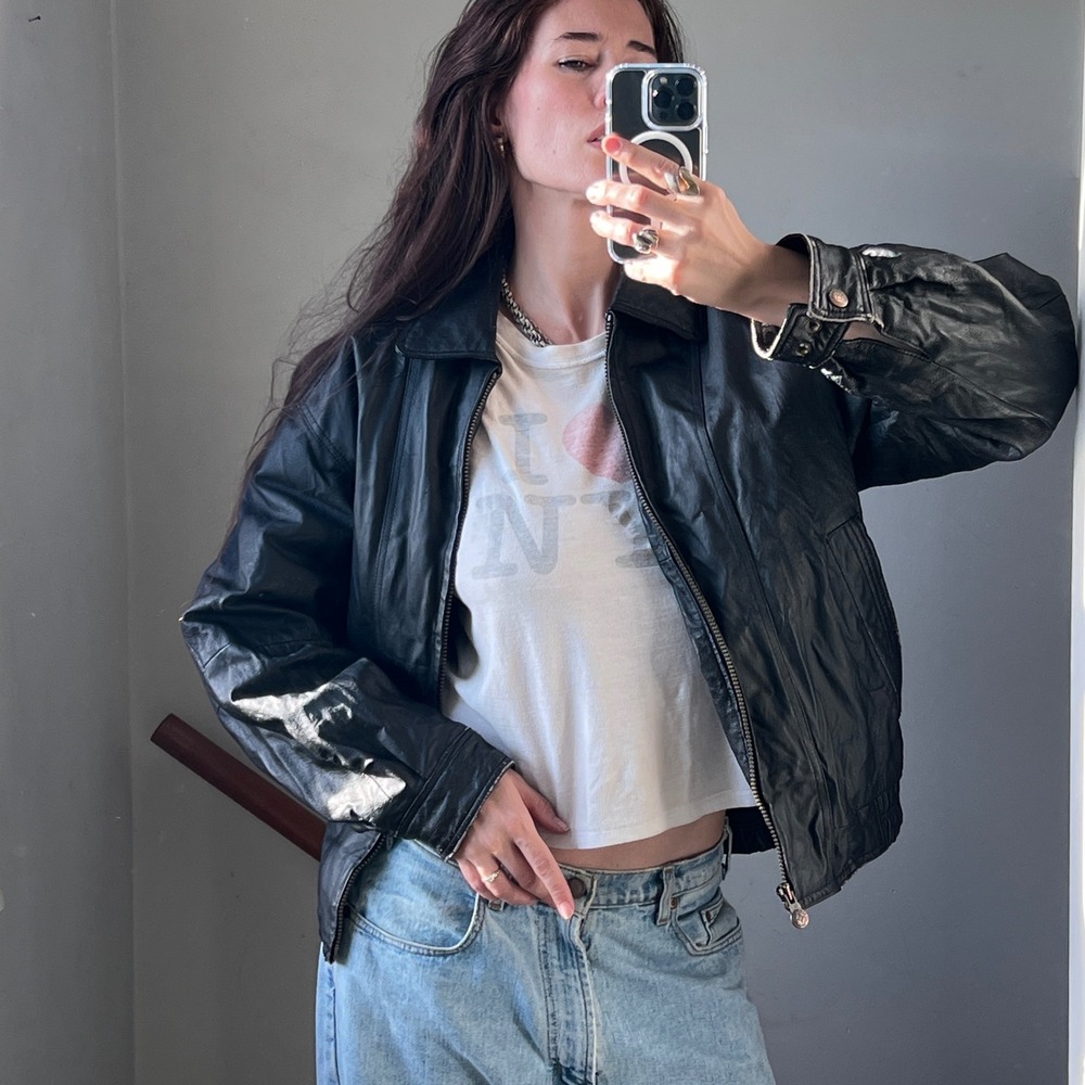 Vintage Black Leather Bomber Jacket Distressed Grunge Zip Up Moto Biker 90s Coat
